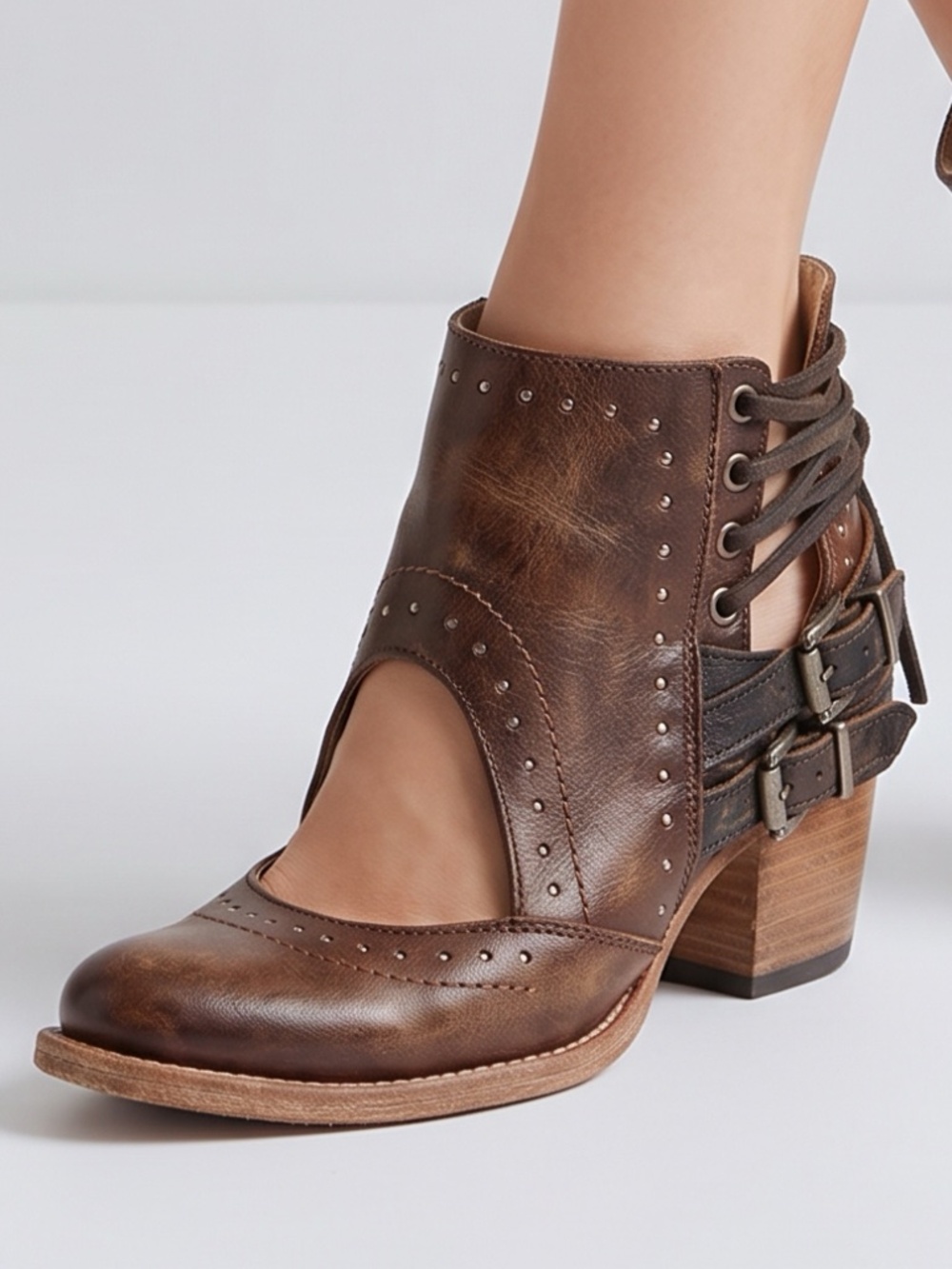 FREEBIRD BY STEVEN • DESERT Brown Leather Studded Buckle Wrap Booties Size 8